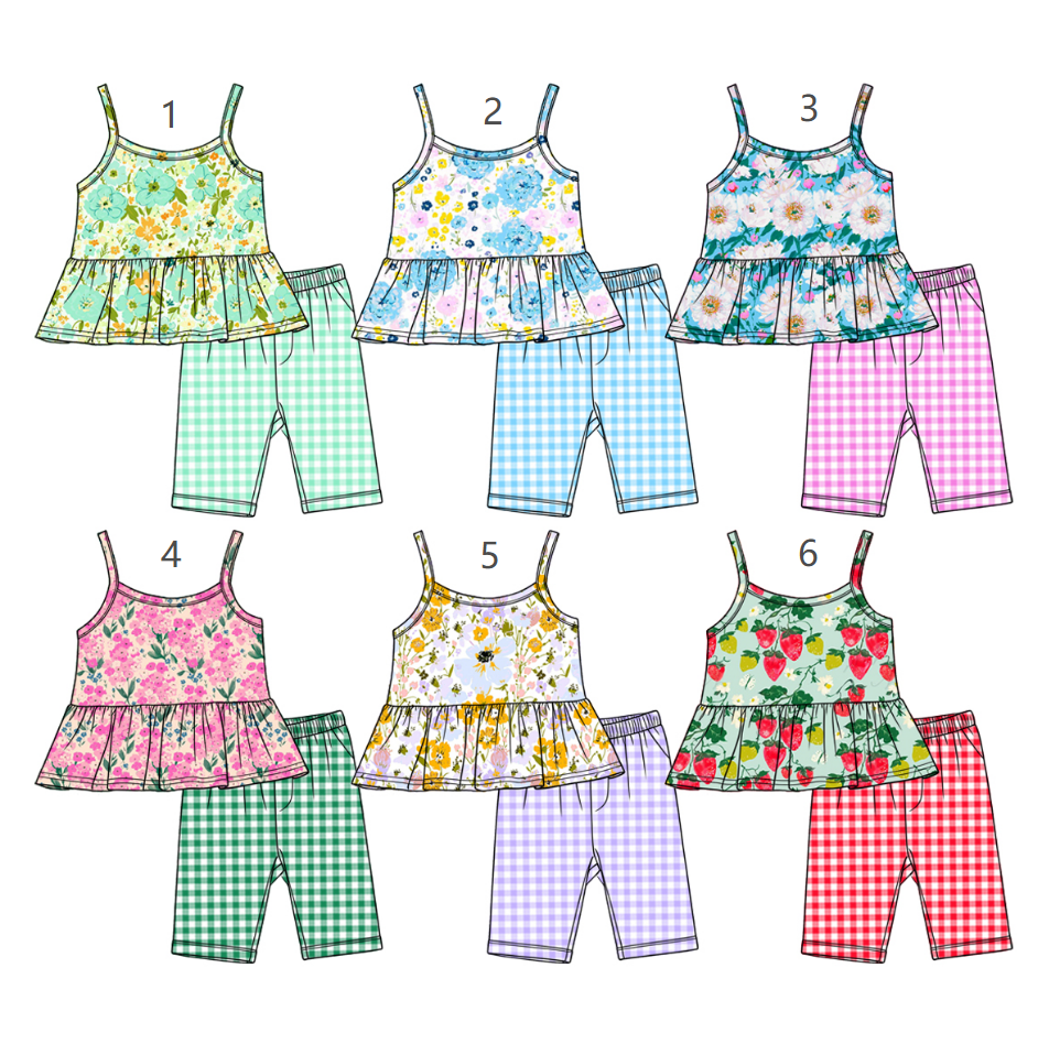 ( Moq 5 Each Style ) Sibling Baby Girls Kids Straps Flower Tops Plaid Shorts Sets Clothes