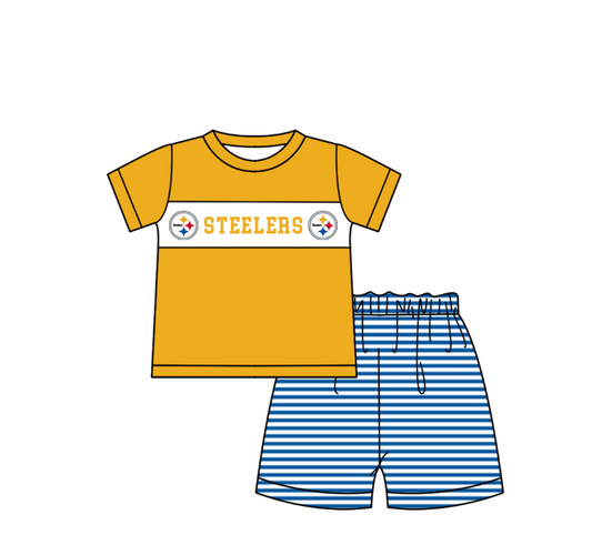 ( Moq 5 ) Baby Boys Toddler Orange Short Sleeves Shirt Stripes Shorts Team Summer Set