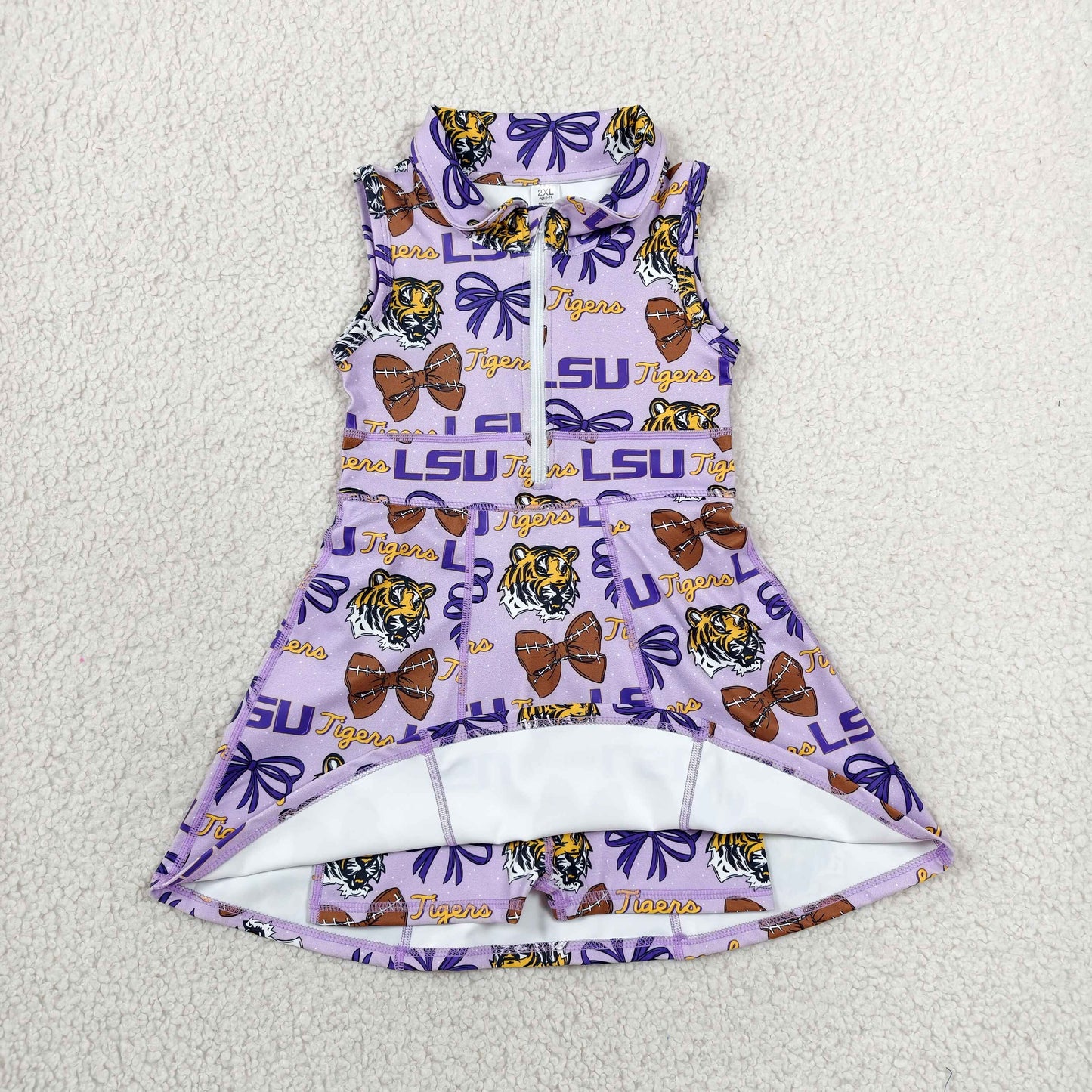 Baby Girls Kids Tigers Football Bows Team Purple Yoga Zipper Knee Length Dress RTS