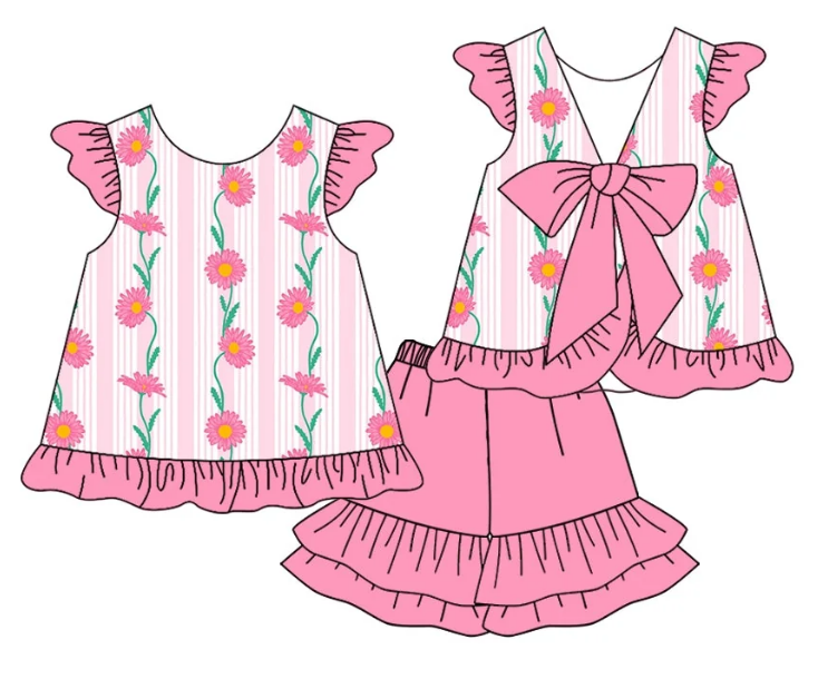 ( Moq 5 Each Style ) Baby Girl Summer Flower Pink Sibling Romper Set 4.24