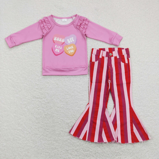 GLP1168 Baby Girl Long Sleeves Hearts Shirt Stripes Bell Denim Pants Valentine's Day Set