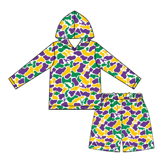 ( Moq 5 ) Preorder Baby Boy Kids Long Sleeves Crayfish Camo Hoodie Shirt Shorts Mardi Gras Set