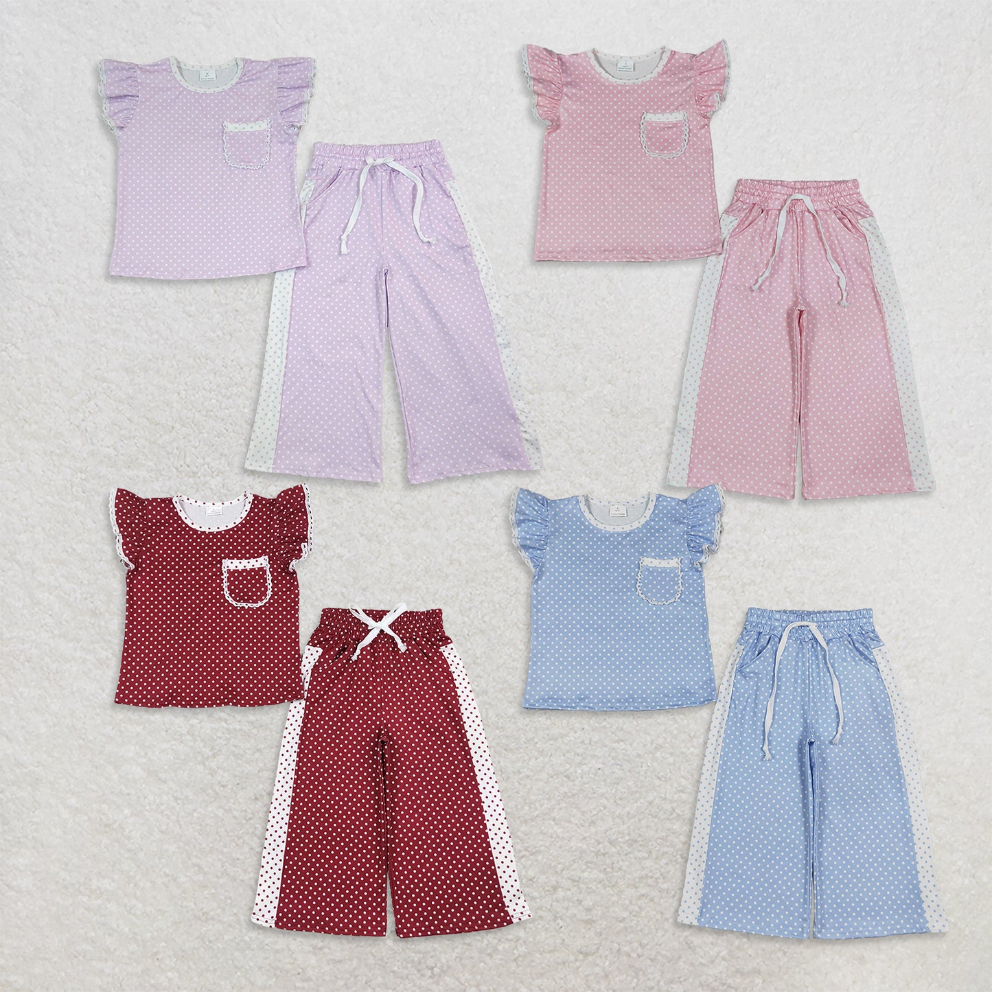 Sibling Baby Girl Kids Short Sleeves Pockets Shirts Dots Pants Sets Clothes RTS