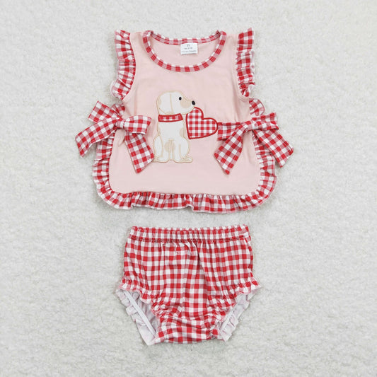 GBO0230 Baby Girl Valentine's Day Short Sleeves Dog Heart Embroidery Shirt Plaid Bummie Shorts Set