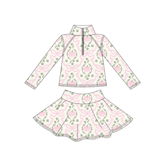 ( Moq 5 ) Preorder Baby Girls Kids Pink Pumpkins Bows Zipper Shirt Skirt Shorts Yoga Active Set Fall Clothes