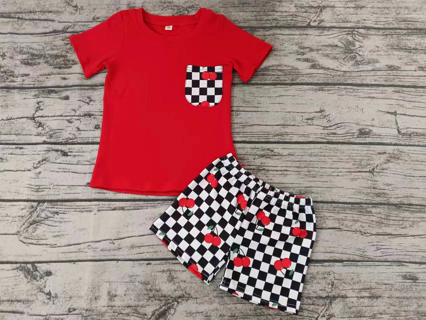 Moq 5 Baby Boy Short Sleeves Red Shirt Cherry Checkered Shorts Set