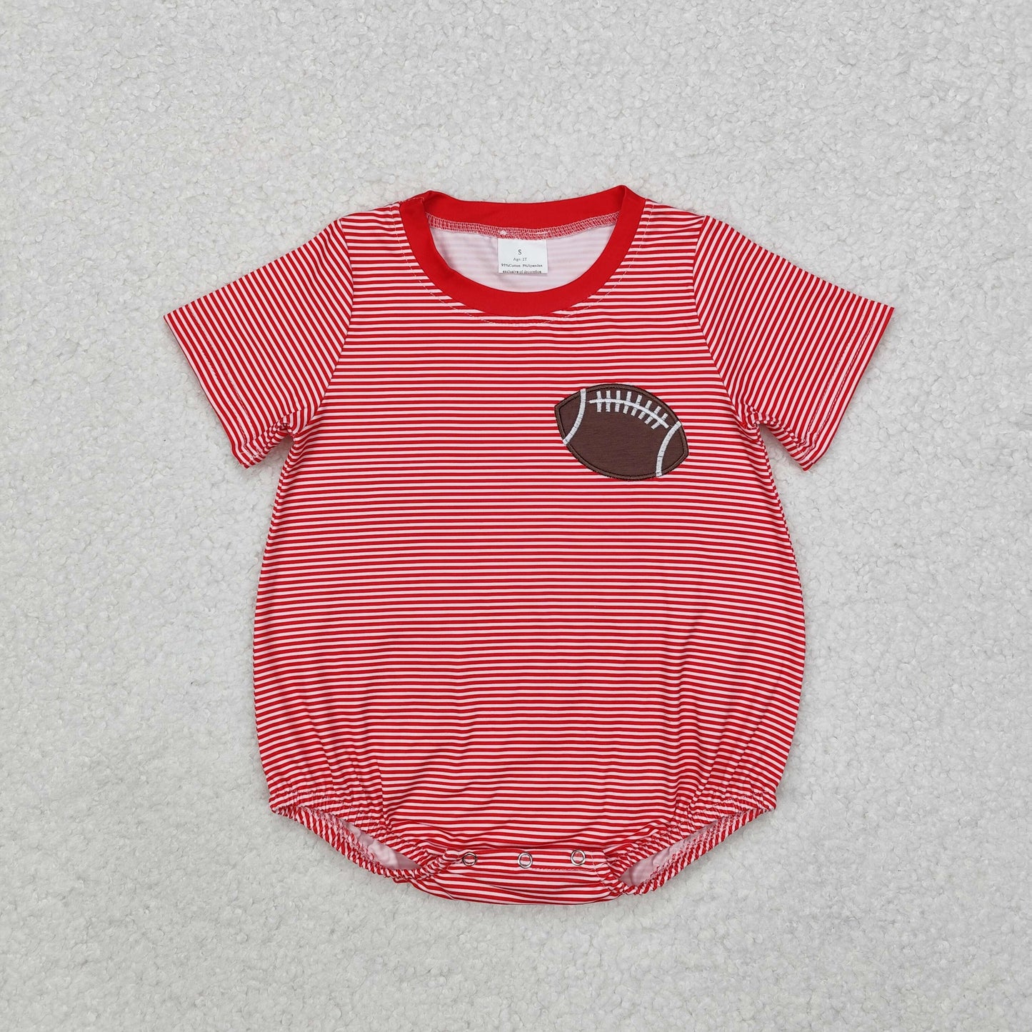 Baby Boy Short Sleeves Red Embroidery Football Stripes Bubble Romper