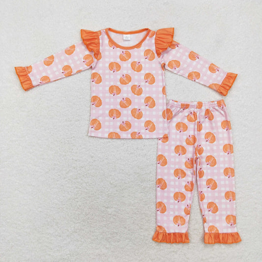 Baby Girl Orange Pumpkin Pink Plaid Shirt Pants Pajamas Bamboo Set