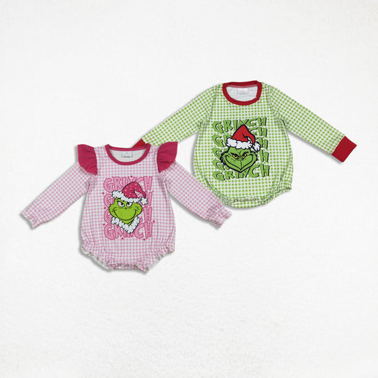 Sibling Baby Boys Girls Long Sleeves Green Face Christmas Bubble Romper RTS