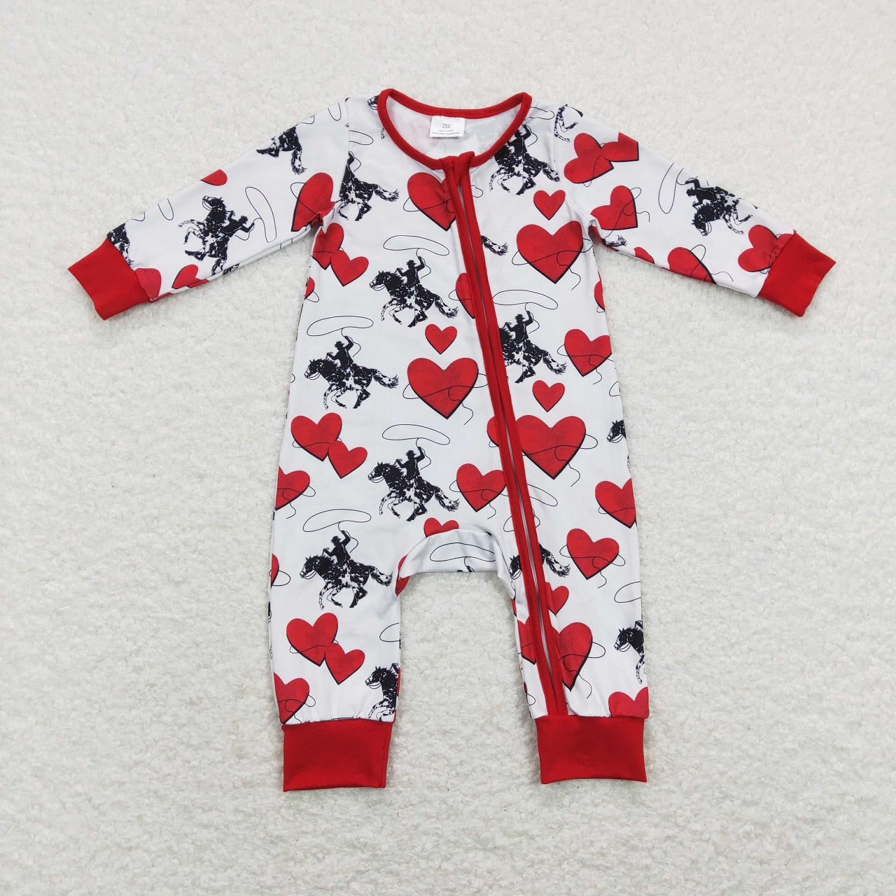 LR0903 Baby Boy Long Sleeves Valentine's Day Rodeo Hearts Zipper One Piece Romper