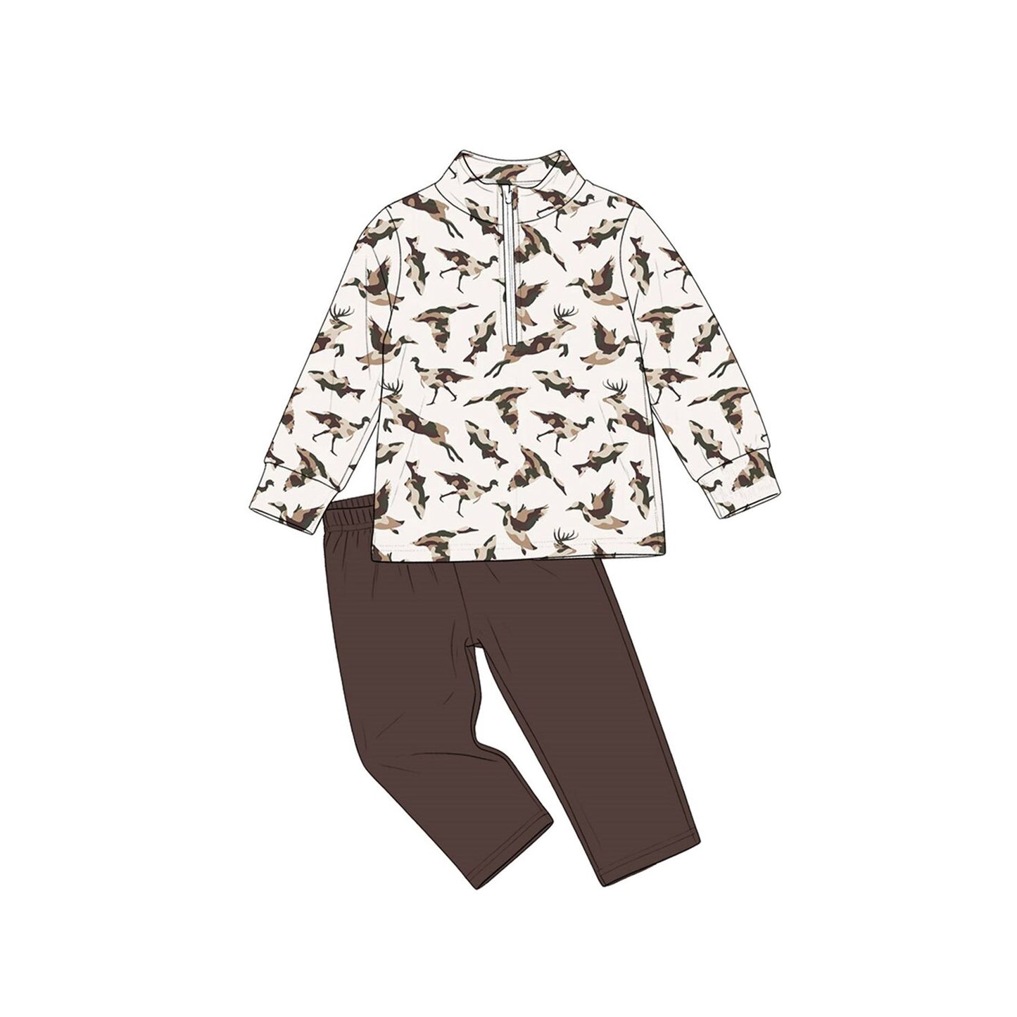 ( Moq 5 ) Preorder Baby Boy Kids Long Sleeves Camo Ducks Zipper Shirt Brown Pants Set Clothes