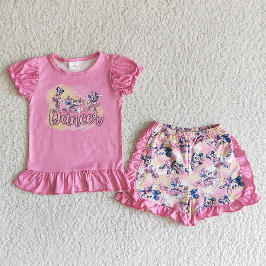 Promotion Baby Girl Summer Pink Short Sleeves Shirt Shorts Cartoon Outfit