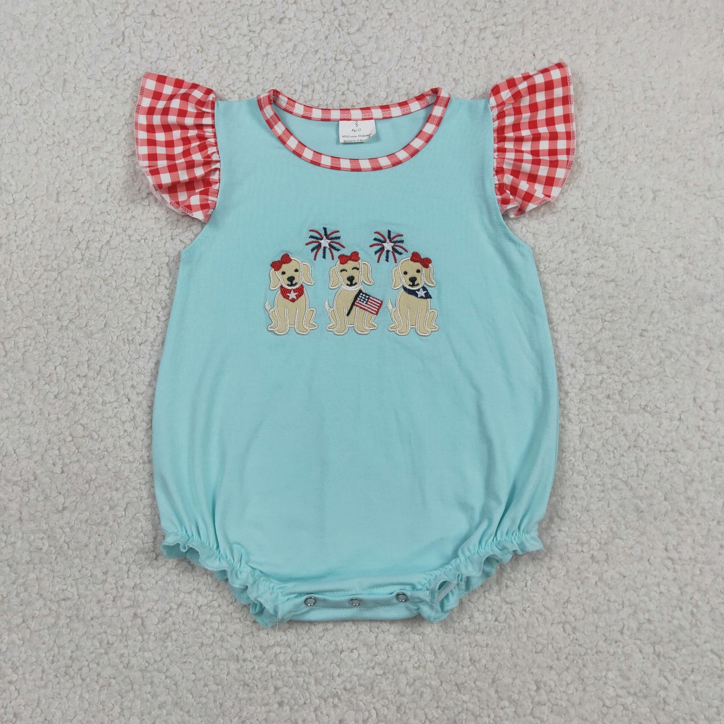 Baby Girls Kids Short Sleeves Embroidery Dogs Flags 4th of July Romper RTS