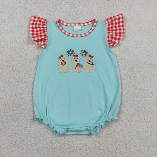 Baby Girls Kids Short Sleeves Embroidery Dogs Flags 4th of July Romper RTS