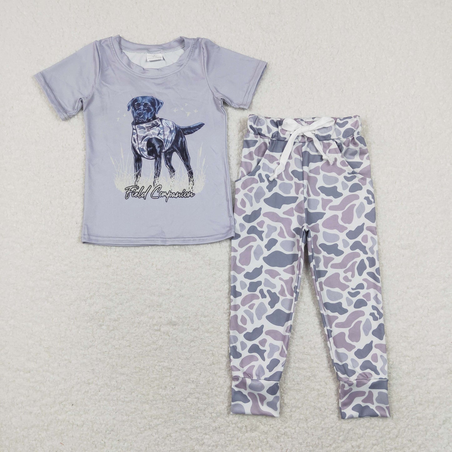 BSPO0334 Baby Boy Short Sleeves Dog Shirt Camo Pocket Pants Set