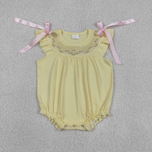 Baby Girls Infant Short Sleeves Embroidery Floral Bows Summer Bubble Yellow Romper RTS