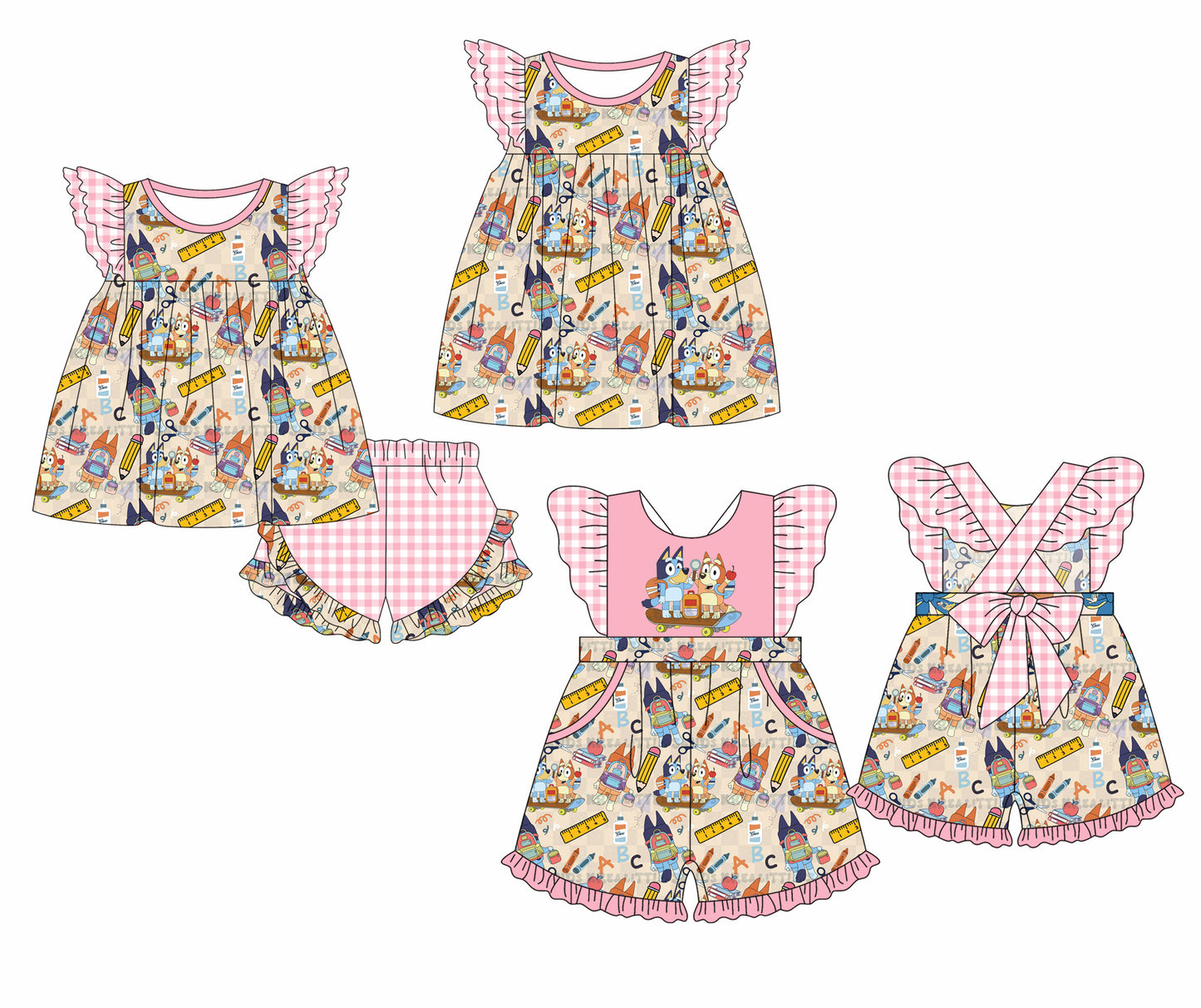 Baby Boy Girl Back To School Dogs Pink Plaid Sibling Dress Clothes Set ( Moq 5 Each style )11.30