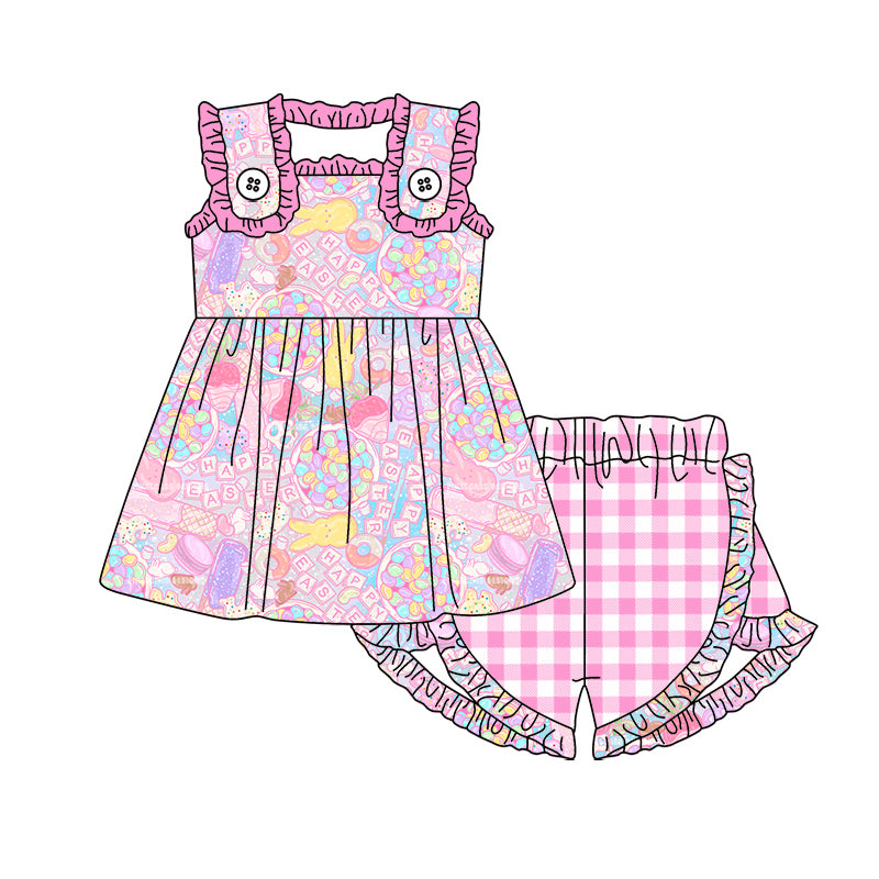 Baby Girl Toddler Easter Rabbit Tops Pink Plaid Ruffle Shorts Set Moq 5