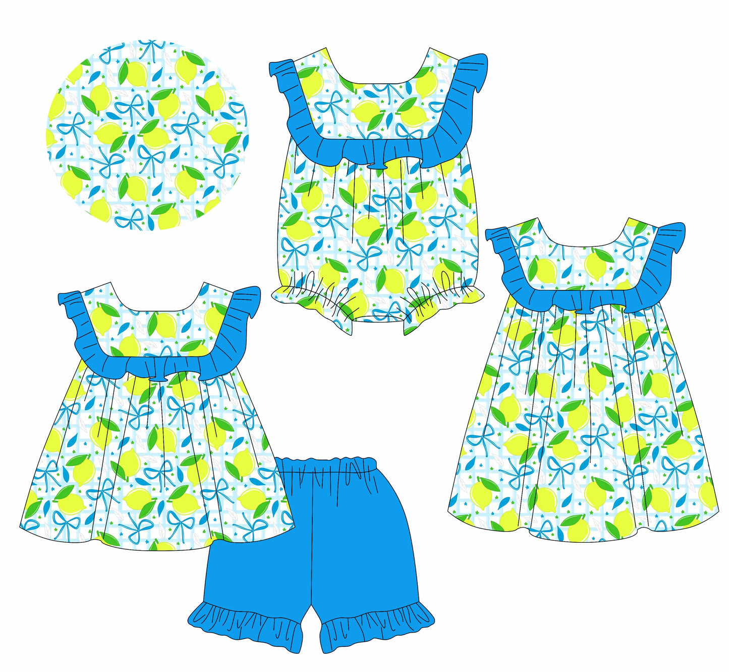 Baby Girl Short Sleeves Lemons Bows Sibling Romper Dress Set ( Moq 5 Each Style ) 3.22