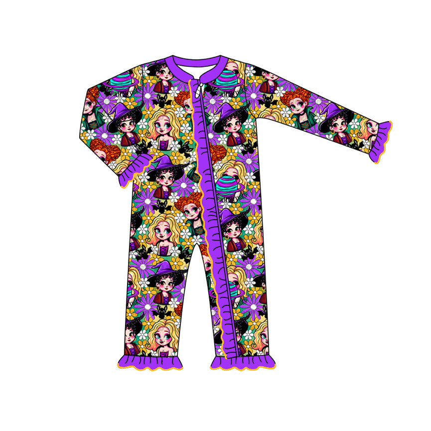 Baby Girl Long Sleeves Halloween Flower Purple Zipper Romper