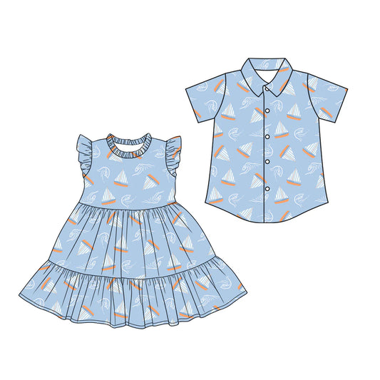 ( Moq 5 Each Style ) Sibling Boys Girls Kids Short Sleeves Boats Blue Shirt Dress