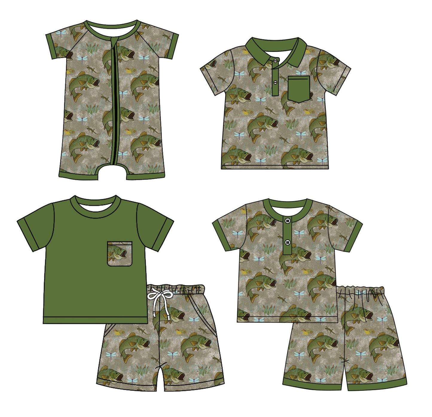 Baby Boy Fishing Green Sibling Romper Shirt Set ( Moq 5 Each Style ) 1.23