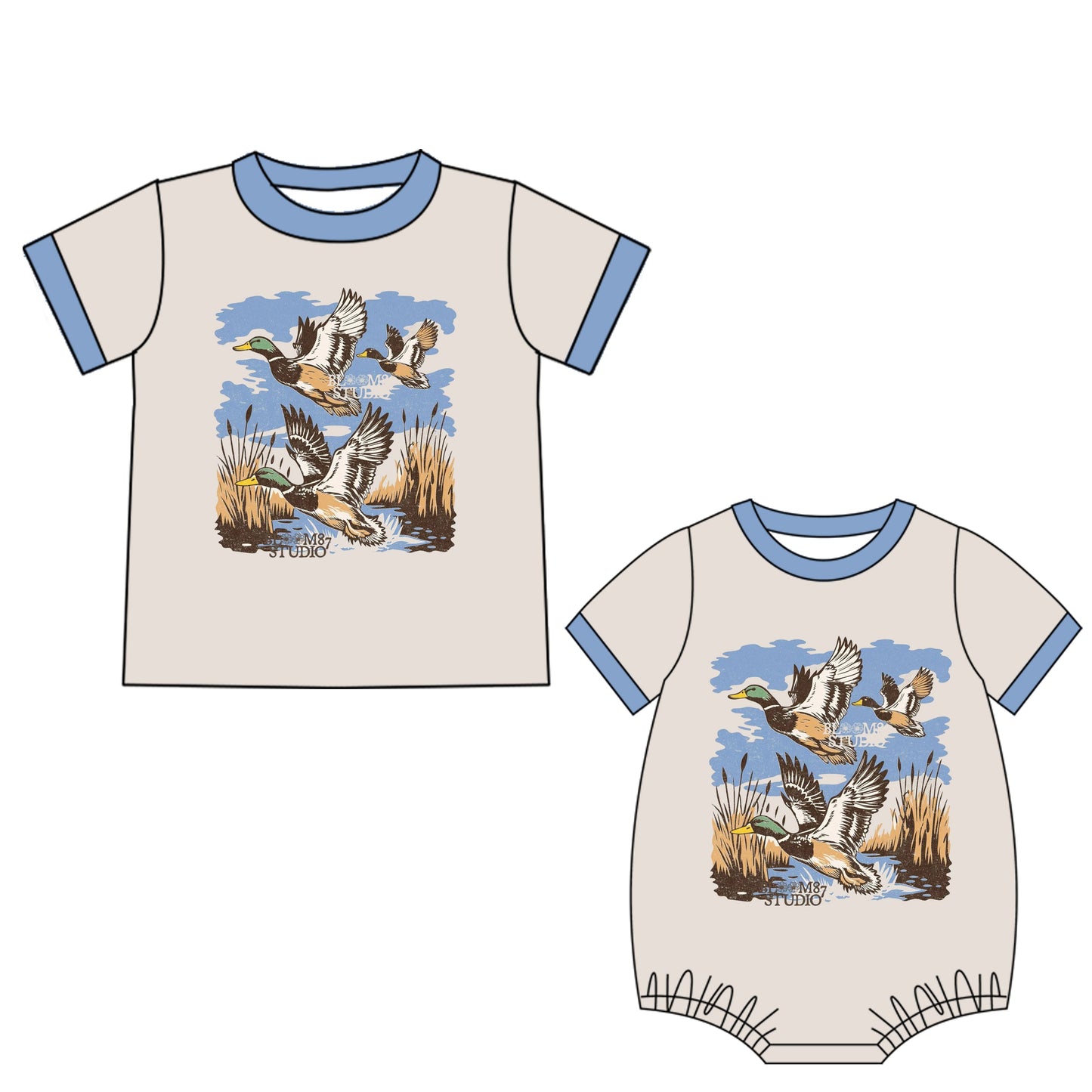 ( Moq 5 Each Style ) Baby Boy Short Sleeves Ducks Sibling Romper Shirt 4.21