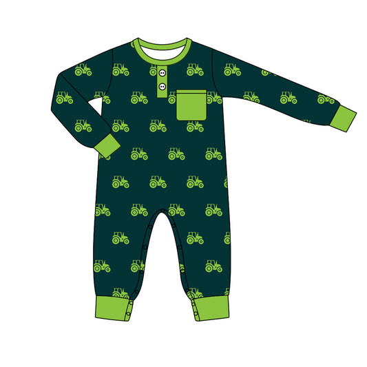 Baby Boy Infant Long Sleeves Tractors Farm Green Pocket Romper