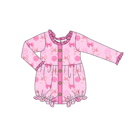 Baby Girl Newborn Infant Smile Bow Buttons Bubble Pink Romper