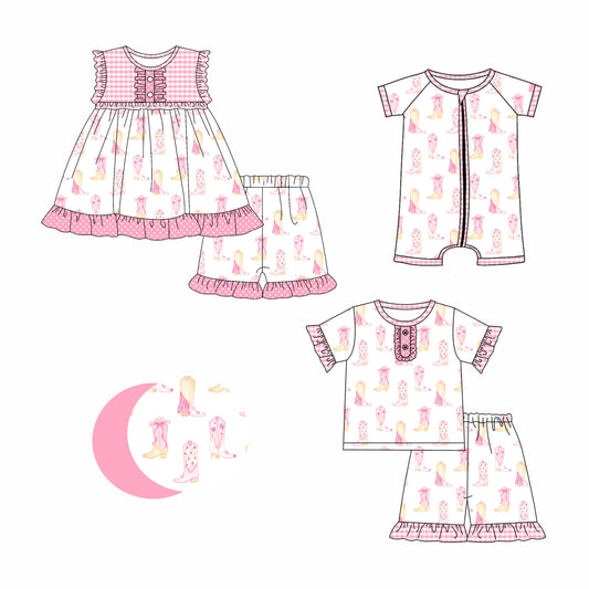 Baby Girl Western Boots Pink Sibling Romper Dress Set ( Moq 5 Each Style ) 3.12