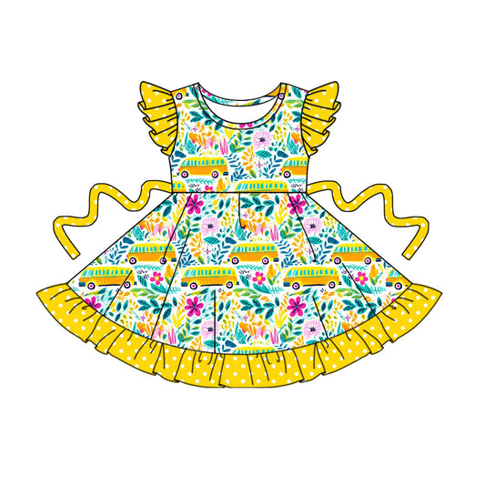 Baby Girl Short Sleeves Back To School Bus Flower Knee Length Dress ( Moq 5 ) 2.19