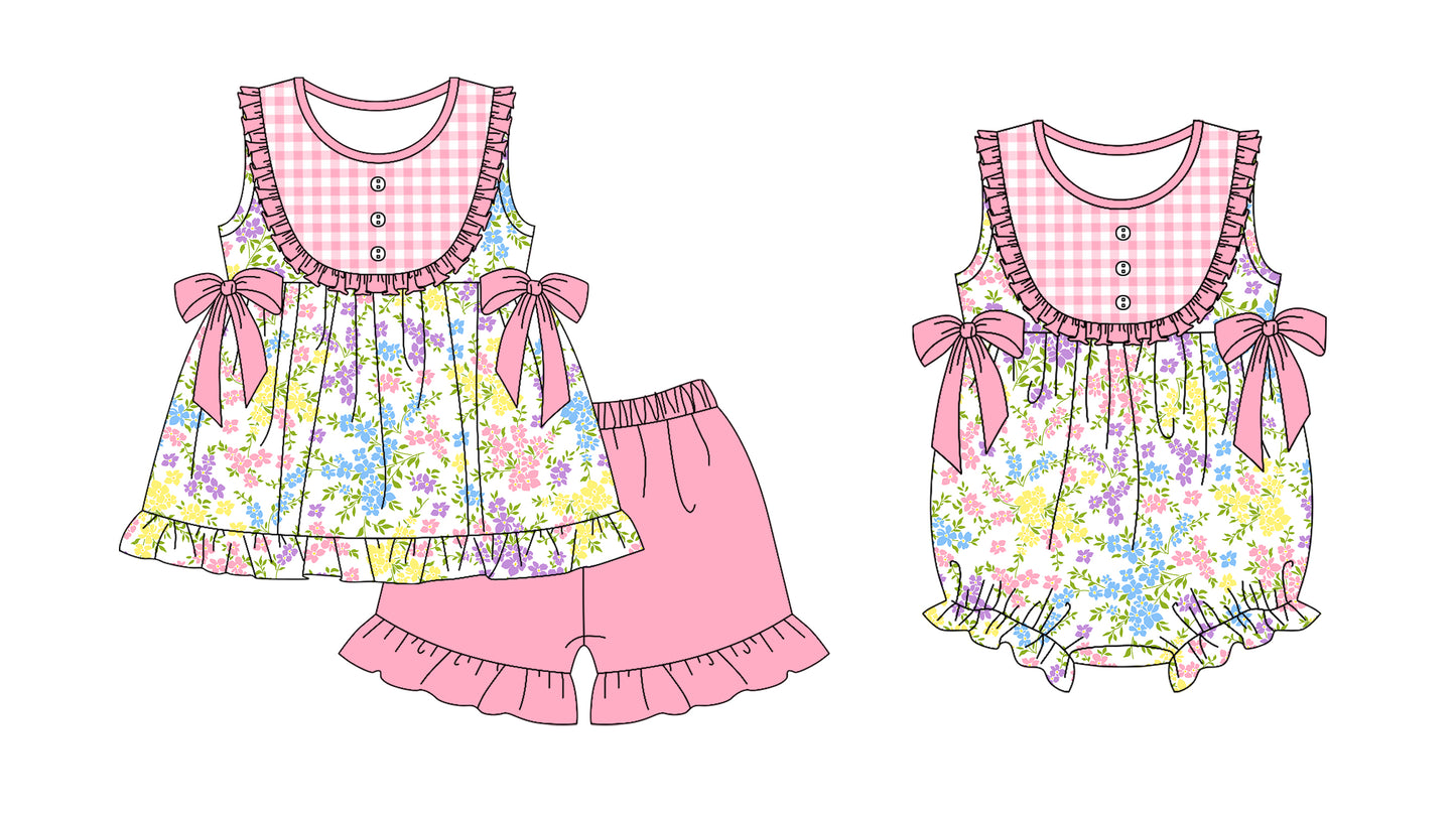 Baby Girl Flower Pink Bows Sibling Summer Romper Set ( Moq 5 Each Design )