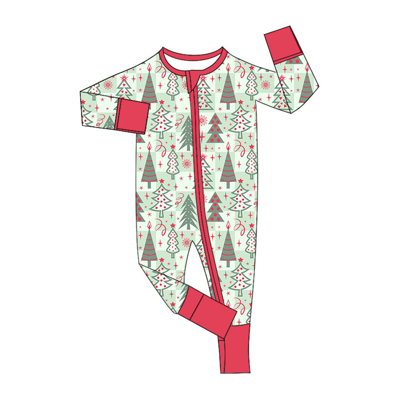 Baby Boy Long Sleeves Christmas Tree Checkered Zipper Green Romper