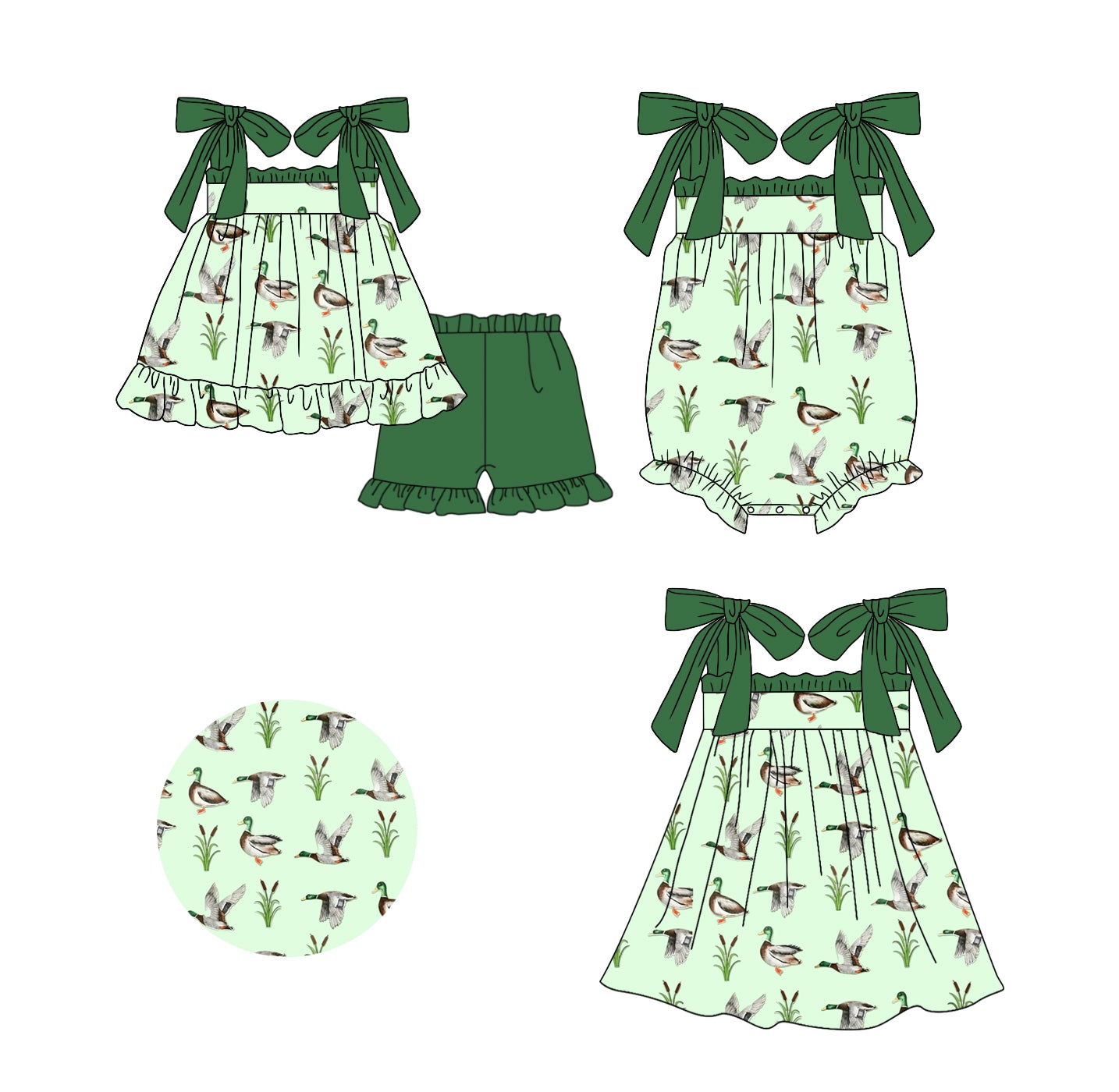 Baby Girl Ducks Green Sibling Matching Romper Dress Clothes Set ( Moq 5 Each Design )