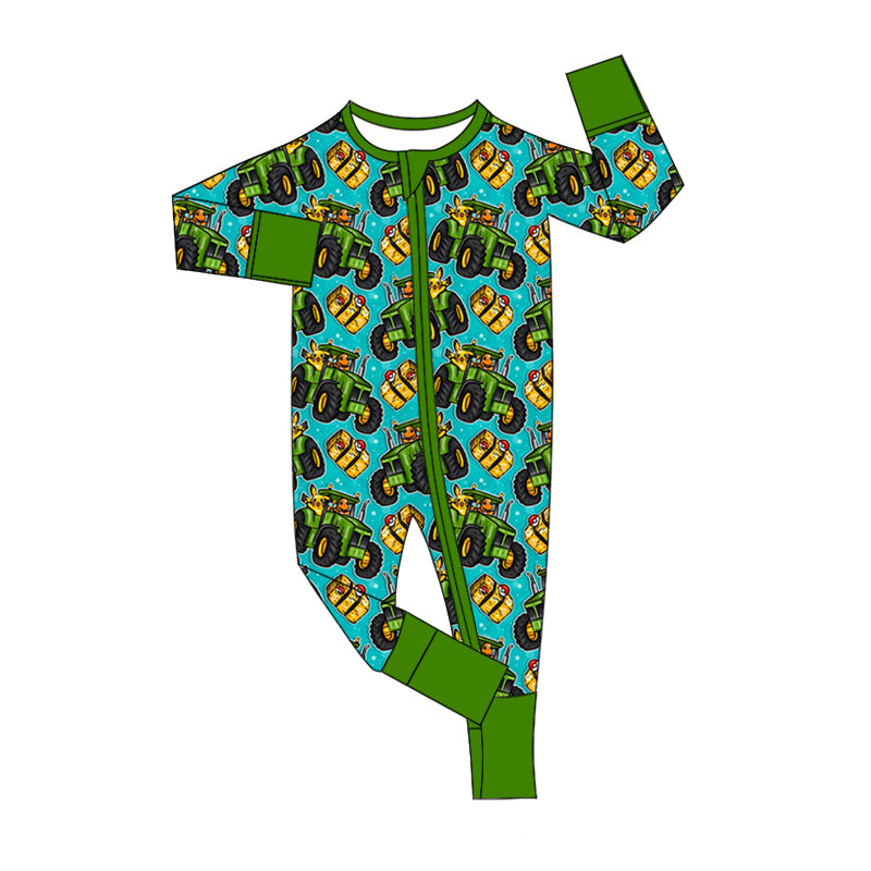 Baby Boy Infant Long Sleeves Tractors Zipper Cartoon Farm Green Romper