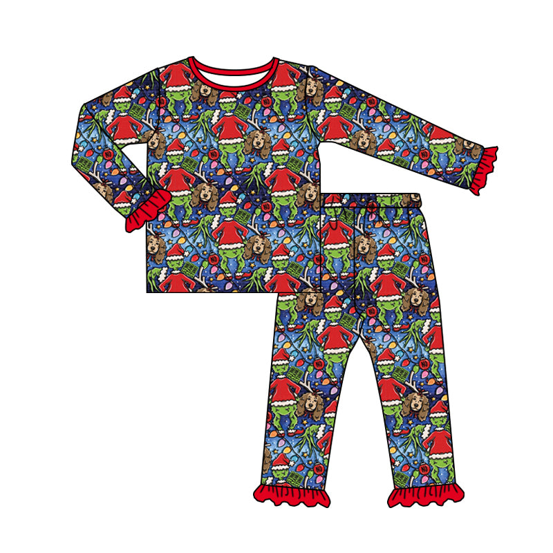 Baby Girl Long Sleeves Christmas Frogs Dogs Shirt Pants Pajamas Set