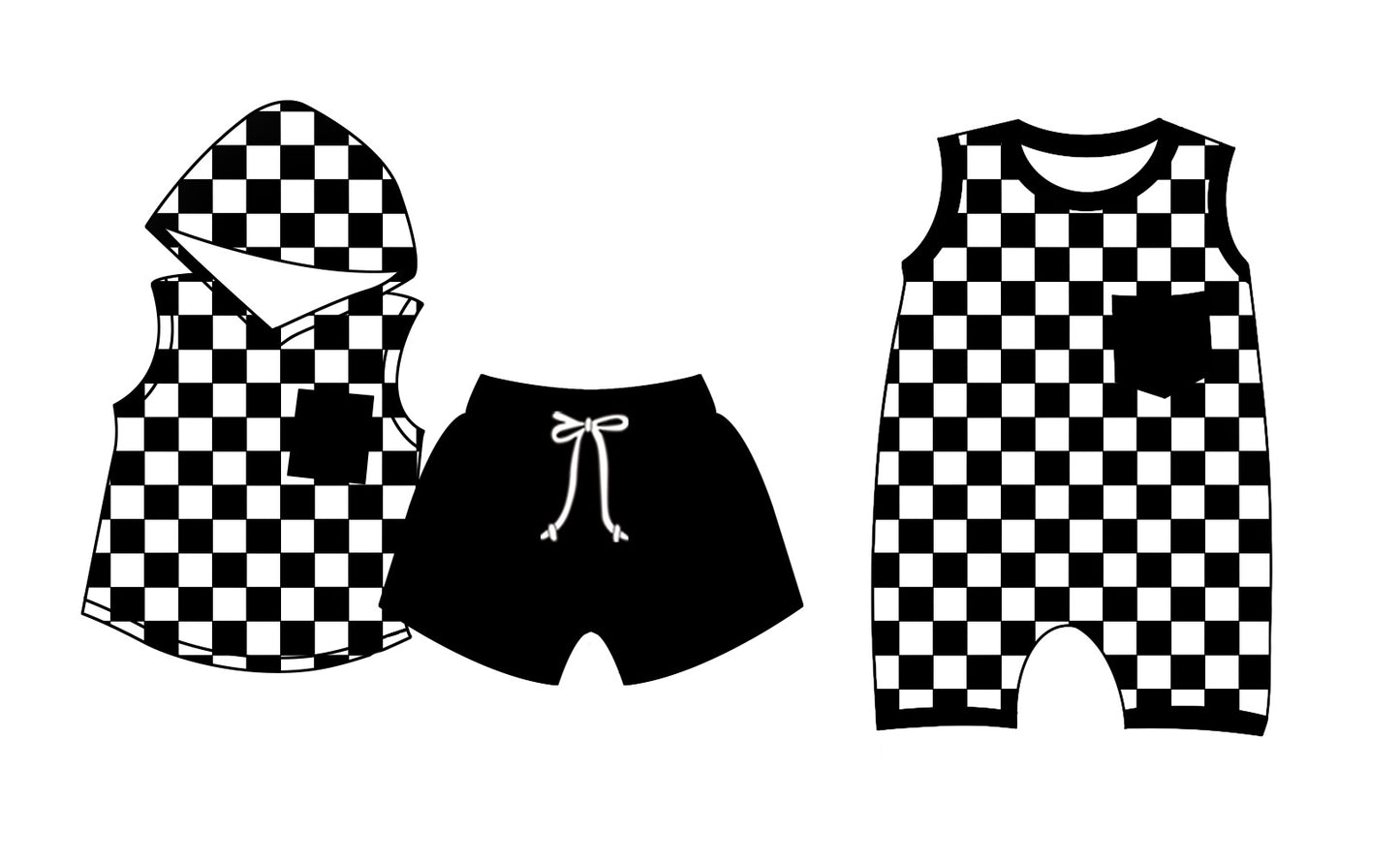 Baby Boy Sleeveless Black Checkered Sibling Matching Romper Clothes Set Moq 5 Each Design