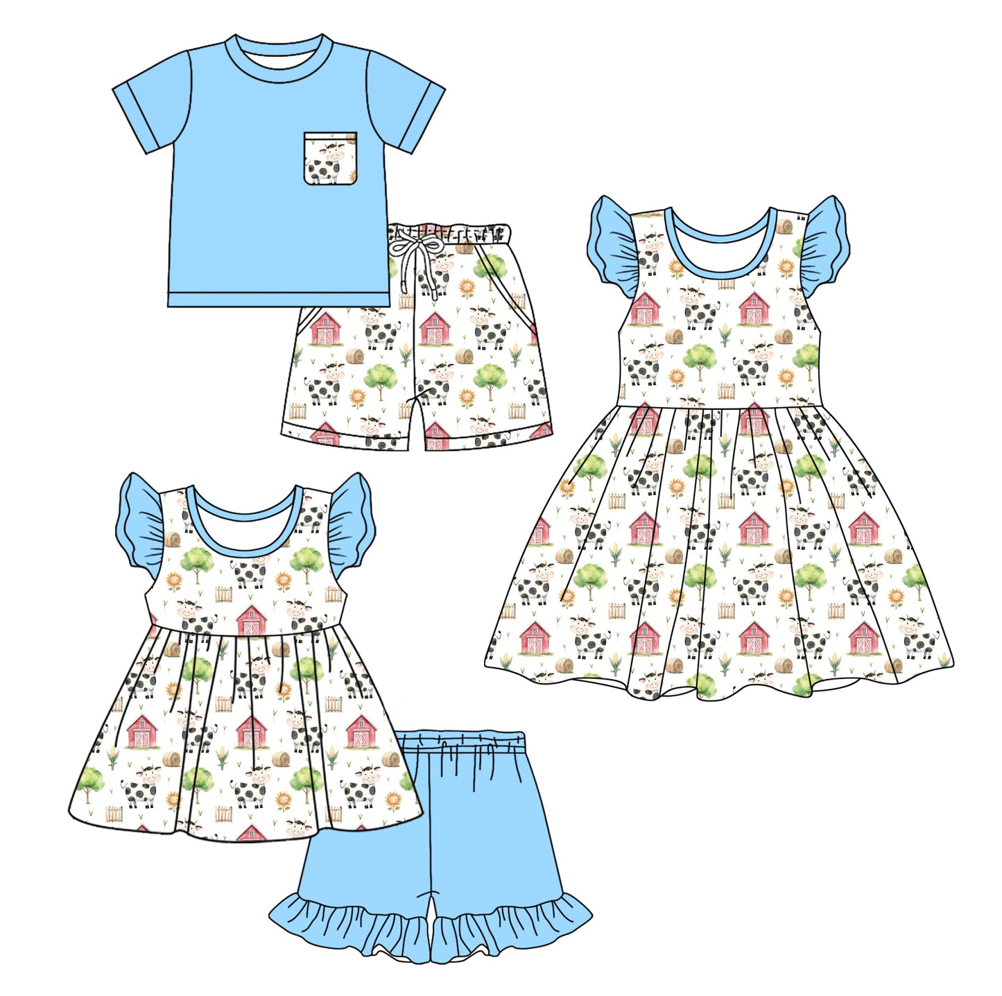Baby Boy Girl Farm Animals Ruffle Sibling Dress Set ( Moq 5 Each Style ) 2.12
