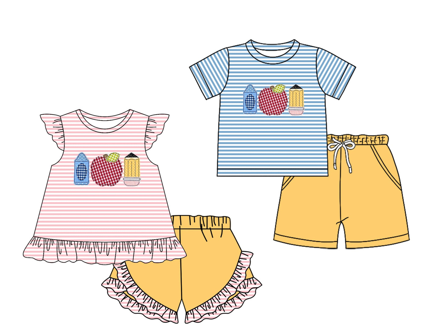 Baby Boy Girl Back To School Pencil Apple Stripes Sibling Set ( Moq 5 Each Style ) 2.7