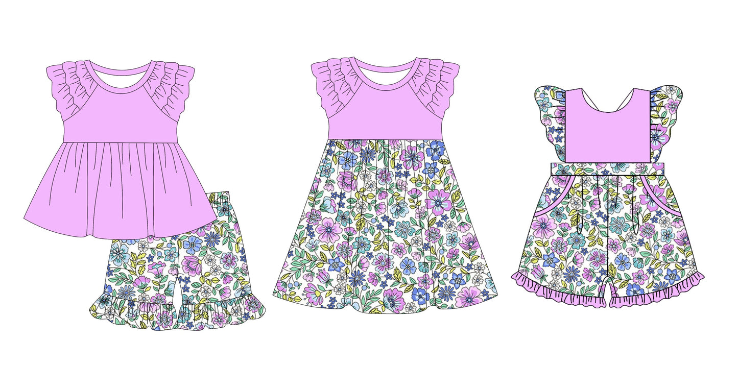 Baby Girl Short Sleeves Purple Flower Sibling Jumpsuit Dress Set ( Moq 5 Each Design ) 12.10