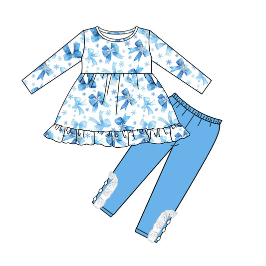 Baby Girl Long Sleeves Bows Tops Blue Pants Christmas Set