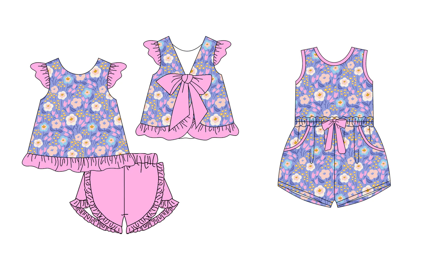 ( Moq 5 Each Style ) Baby Girls Toddler Floral Pink Bows Sibling Jumpsuit Set