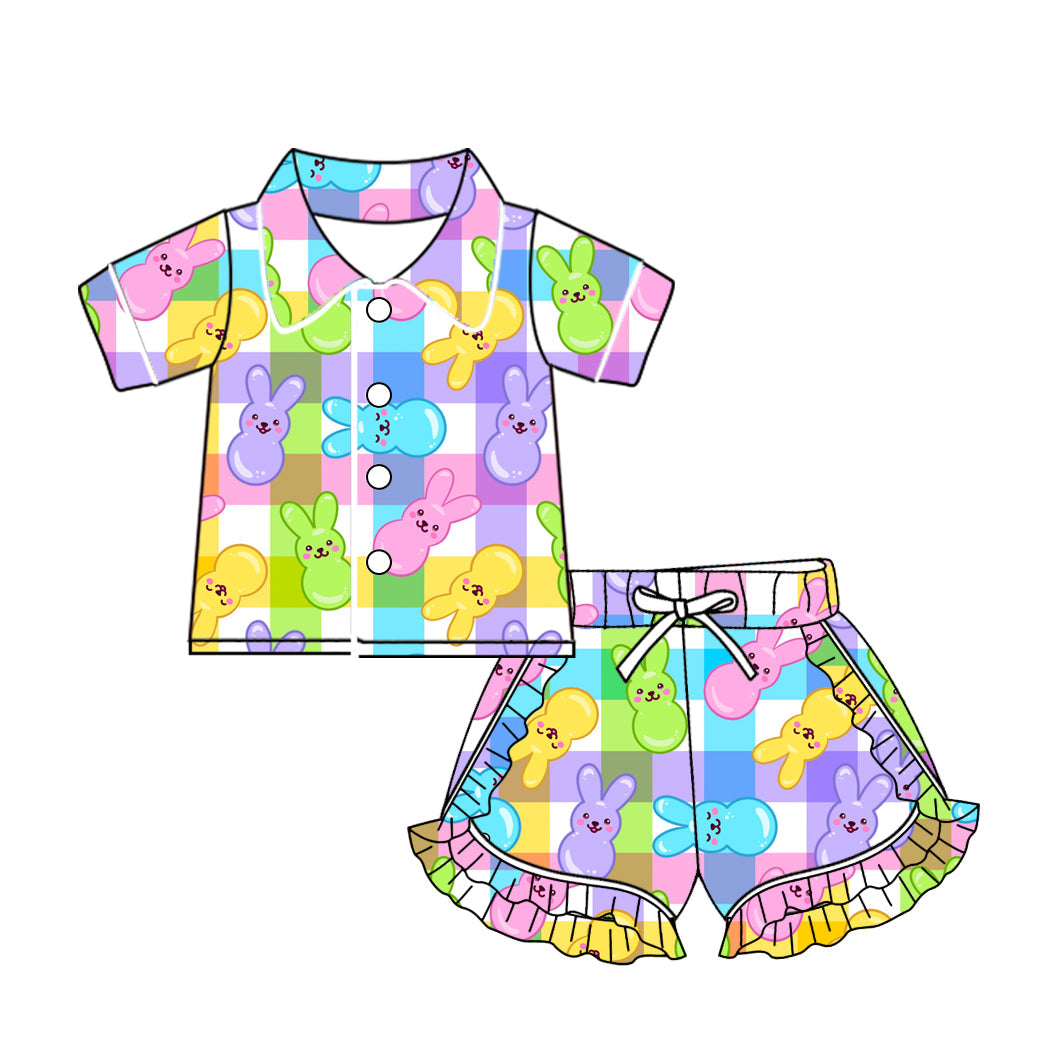 Baby Girl Easter Buttons Shirt Ruffle Shorts Pajamas Colorful Rabbit Plaid Set Moq 5