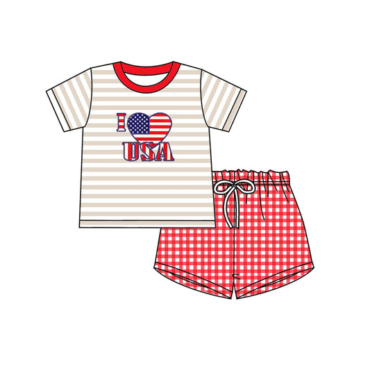 Moq 3 Pre-order BSSO0441 Baby Boy I Love USA Tops Red Plaid Shorts July 4th Set