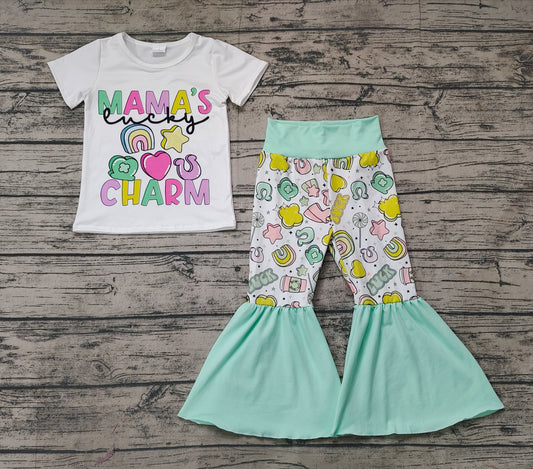 No moq Pre-order GSPO1047 Baby Girl Mama's Charm Shirt Bell Pants St. Patrick's Set