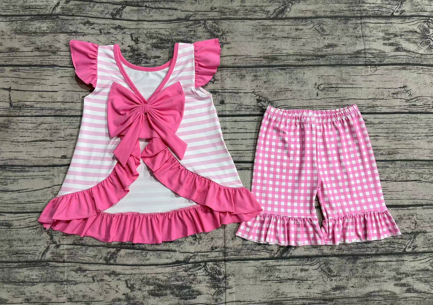 No moq Pre-order Baby Girl I Love Dad Embroidery Tunic Pink Plaid Ruffle Shorts Summer Set