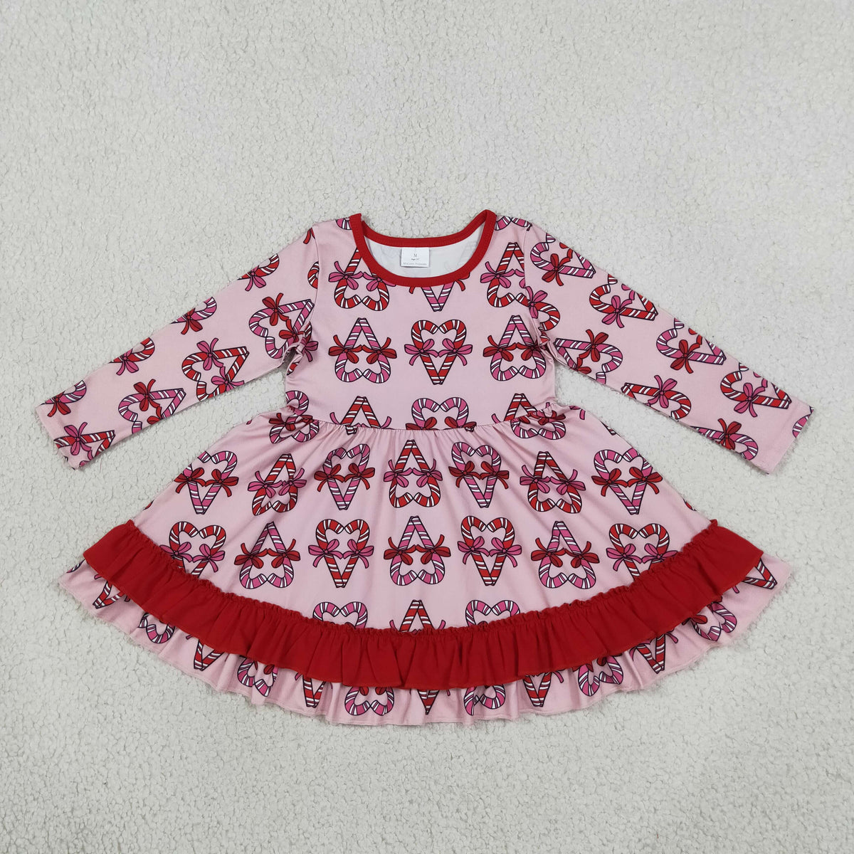 Baby Girls Kids Long Sleeves Christmas Candy Cane Bows Knee Length Dress RTS