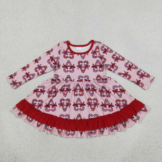 Baby Girls Kids Long Sleeves Christmas Candy Cane Bows Knee Length Dress RTS