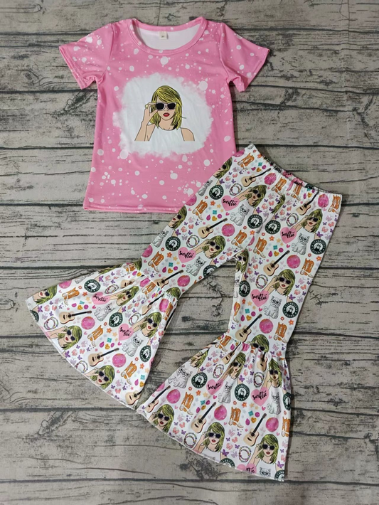 Moq 3 Pre-order GSPO1441 Baby Girl Pink Short Sleeves Shirt Bell Pant Singer Set