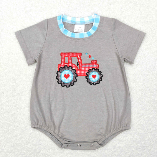 SR0488 Baby Boy Short Sleeves Valentines Tractor One Piece Romper